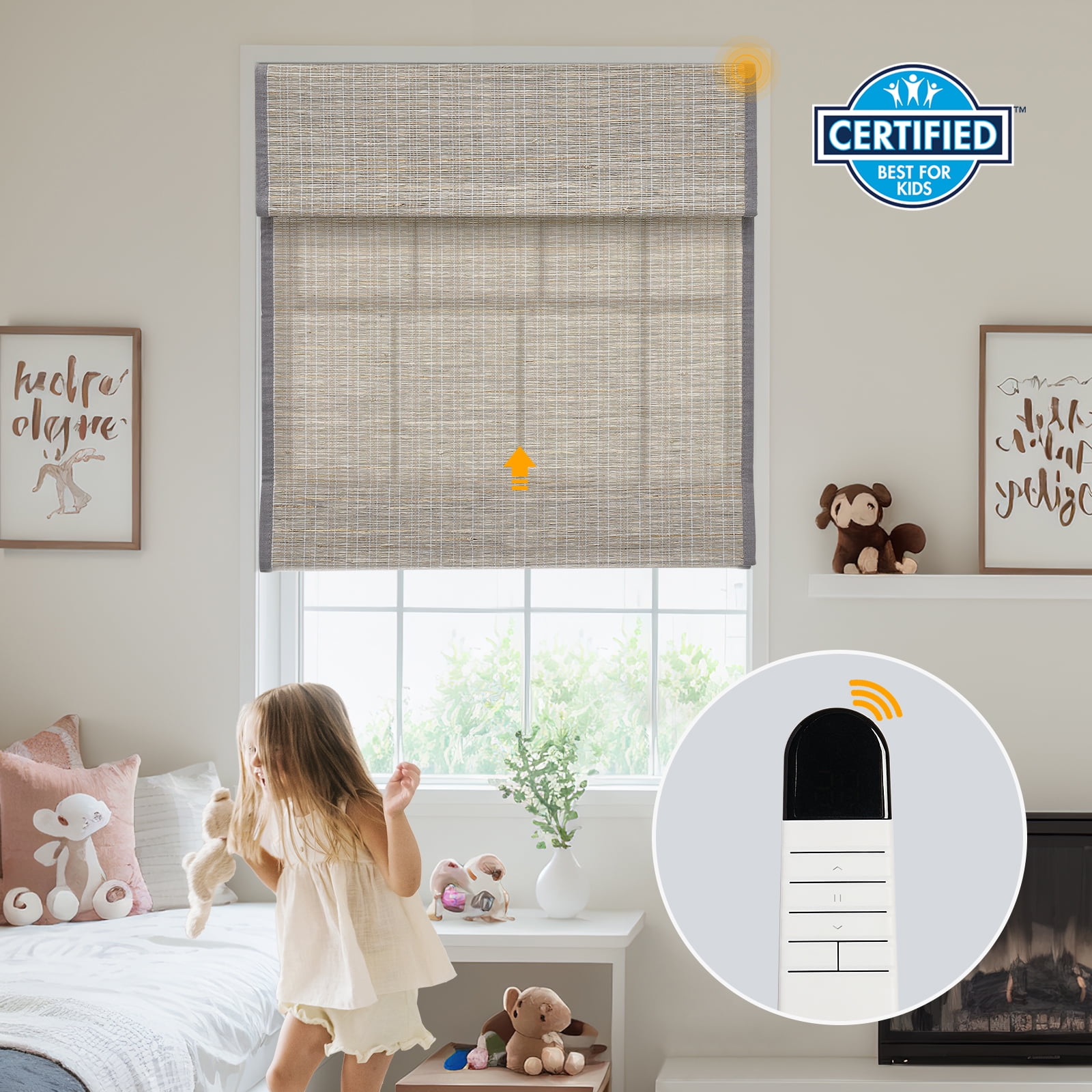 Keego No Drill Motorized Roman Shades Natural Fabric Rechargeable Electric Window Blinds Remote Control Room Darkening Window Treatment - Ash (with Linen, Block 40%-50% Light) - 53"W x 48"H