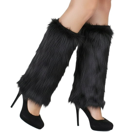 ShellKingdom Women's Faux Fur Leg Warmers, Plush Soft Furry Fluffy Winter Long Boot Cuff Wrist Covers Boots Sleeves, Black