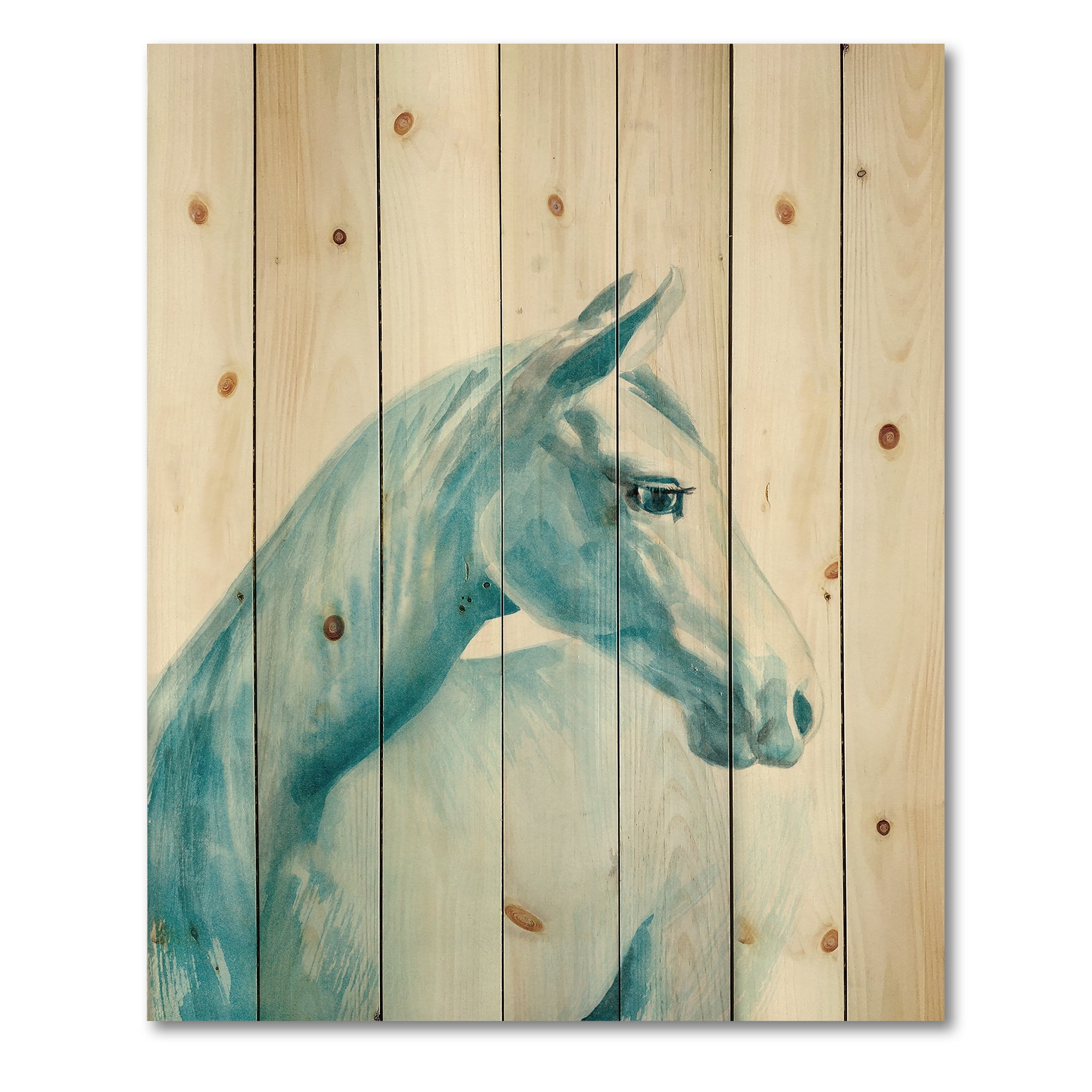 Designart 'Close Up Portrait Of A Light Blue Horse' Farmhouse Print on Natural Pine Wood