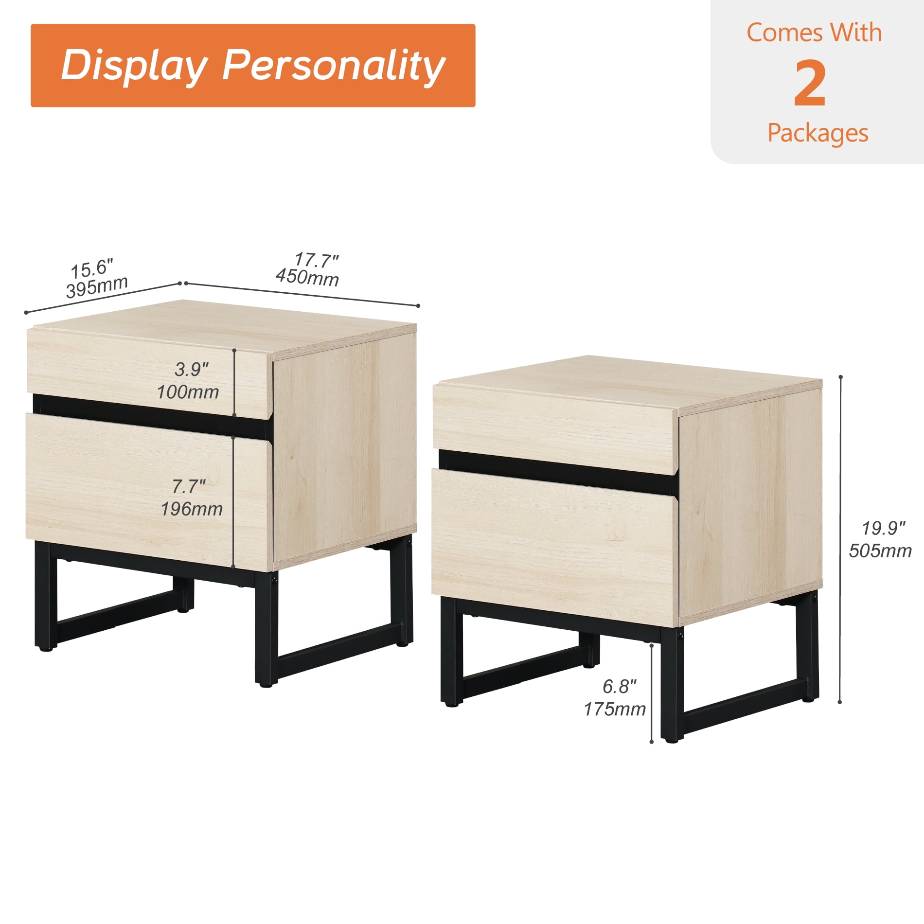 WAMPAT Modern 2 Pack End Tables With 2 Drawers - Compact Sofa Side Table & Nightstand For Living Room & Bedroom