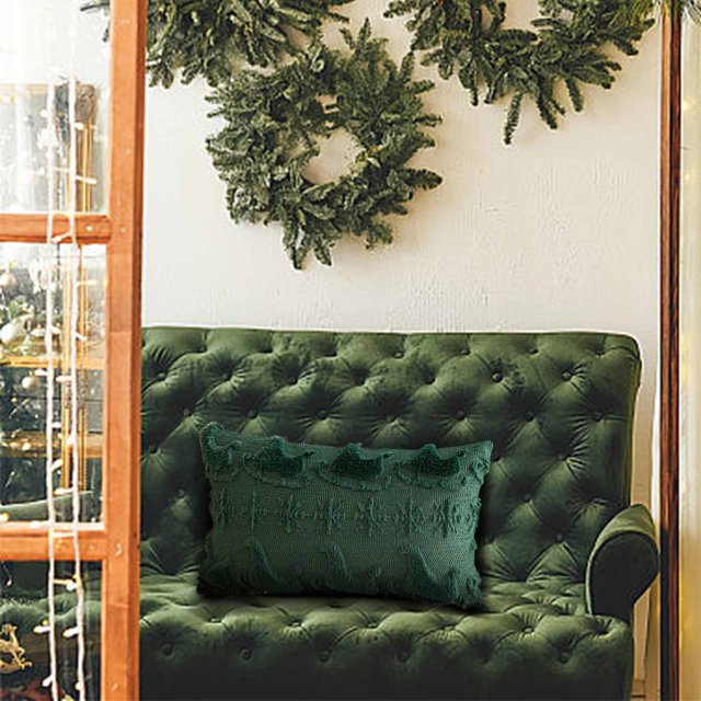 Puntoco Funda de almohada navideña con diseño de trineo de nieve y árbol de Navidad, bordada, para sala de estar, sofá, decoración de fiestas navideñas, 1 unidad