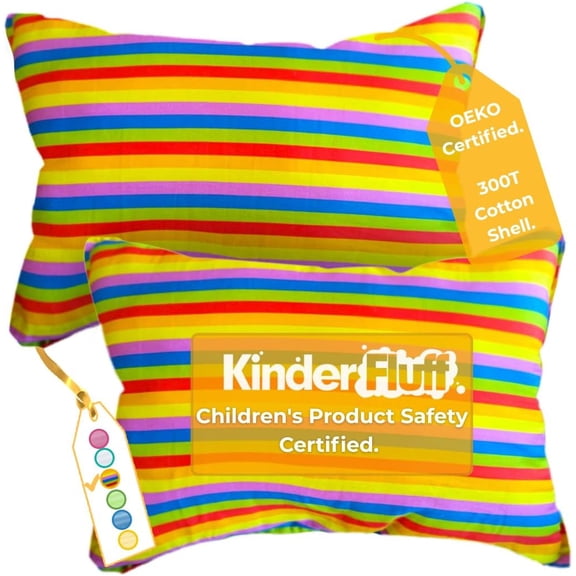 kinder Fluff Children Pillow (2Pk) 13x18in – Small Pillow for Kids Age 2+, Bright Rainbow Design, 100% Cotton Sateen Stripe 300T, Down Alternative Fill, Machine Washable, Colourful Kids Cushion - S