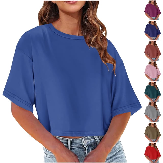 QIPOPIQ T-Shirts Surdimensionnés pour Femmes Col Rond Manches Courtes Hauts d'Été Décontractés Légers Amples Blouse Asymétrique Haute-Basse Liquidation