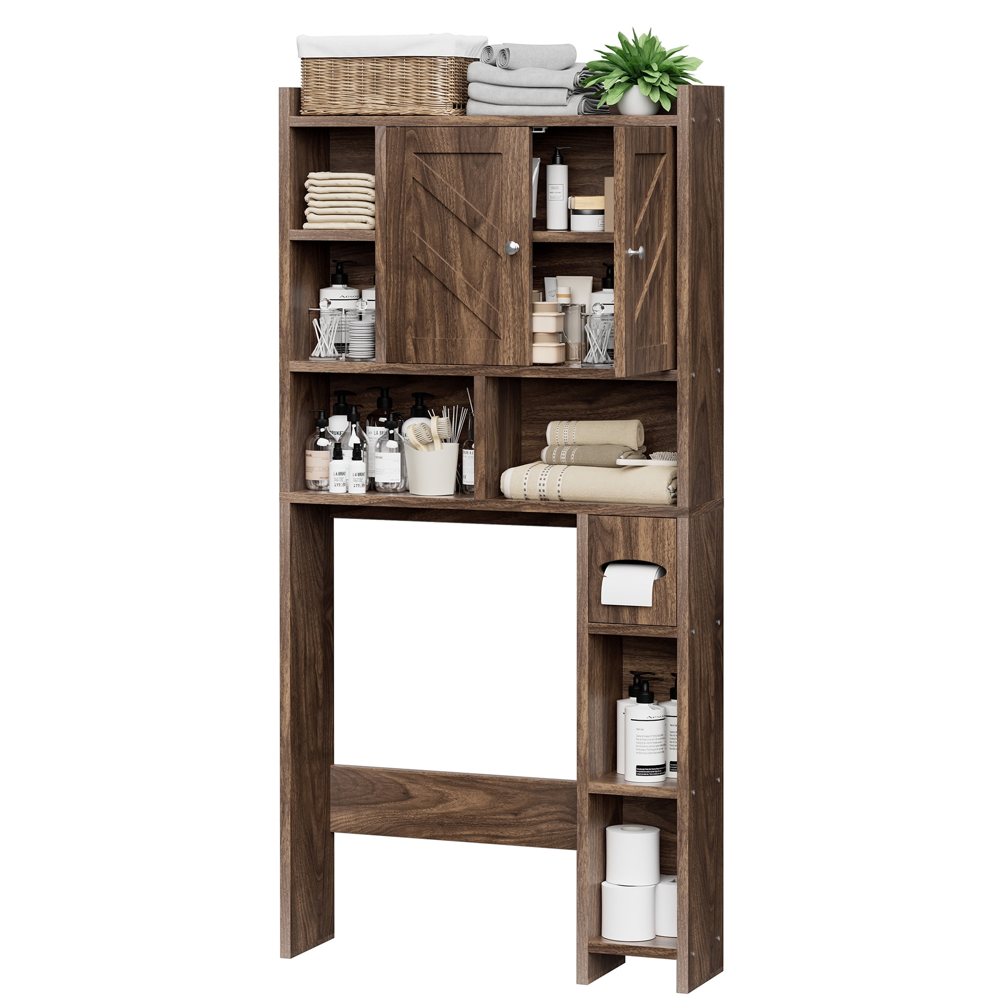 Walsunny Over the Toilet Storage Cabinets with Doors Side Shelves Toilet Paper Holder Stand Organizer Shelf Rack Space Saver above behind Toilet Freestanding for Bathroom Restroom Laundry Walnut
