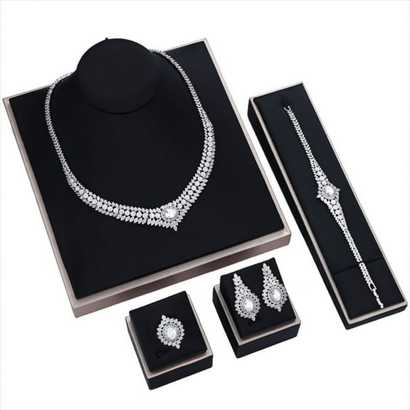 White 4 Pcs Womens Jewelry Set for Bridal Zircon Necklace Earrings Bracelet Adjustable Ring Womens Jewelry Sets for Women Jewelry Sets for Wedding