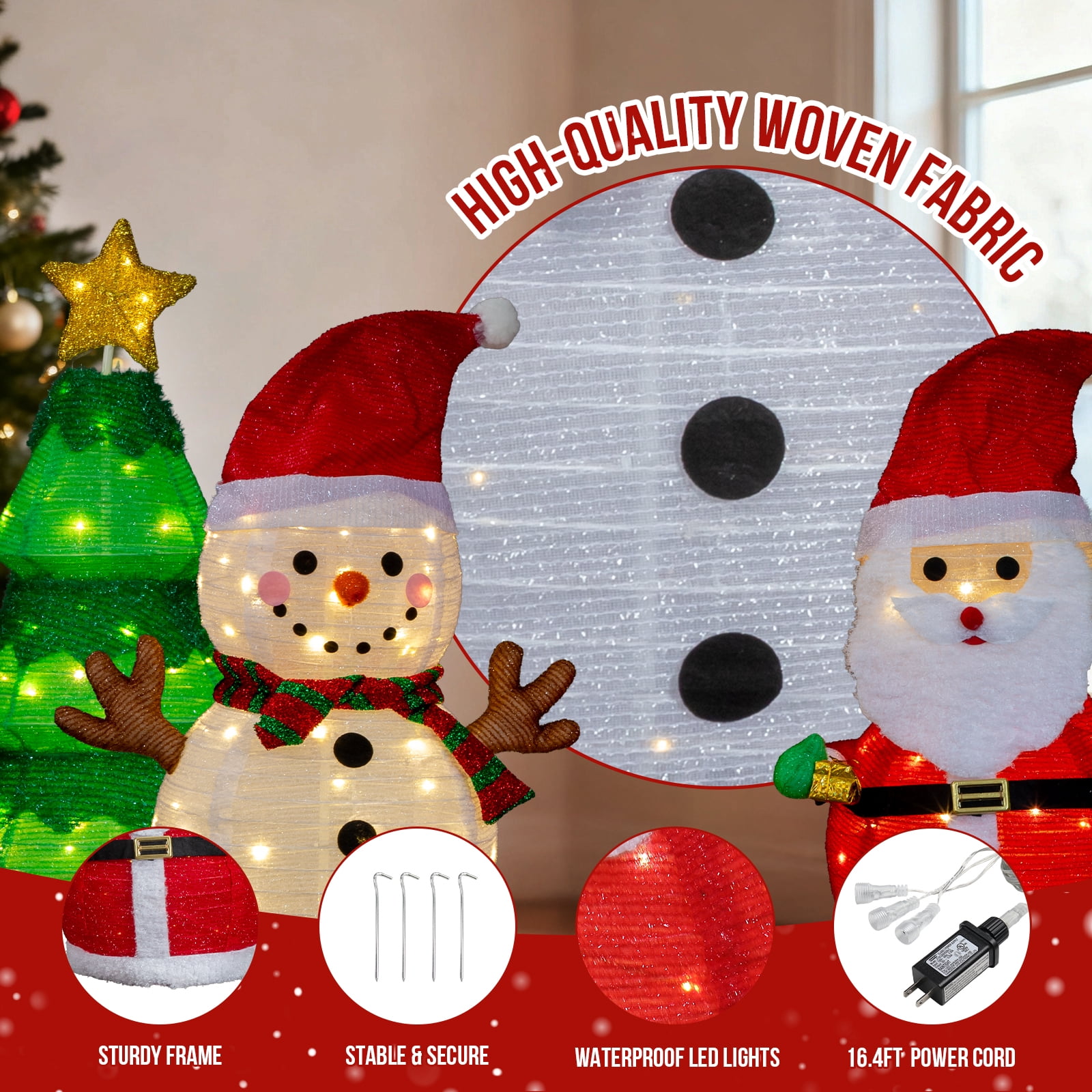 Astoutdoor Set of 3 Lighted Christmas Decorations, Santa, Snowman, and Tree, Pre-Lit with 150 Warm White LED Lights, Indoor Outdoor Holiday Display
