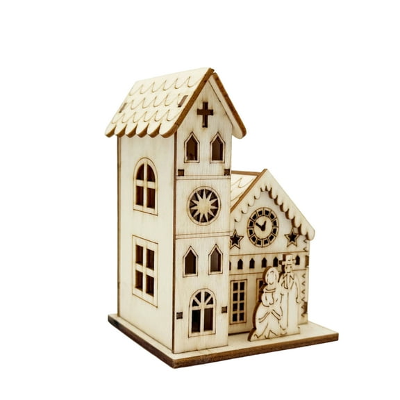 Wooden Church Model Decorative Building Kit with Cutout Windows and Detailed Facade for Home Display or Craft Projects
