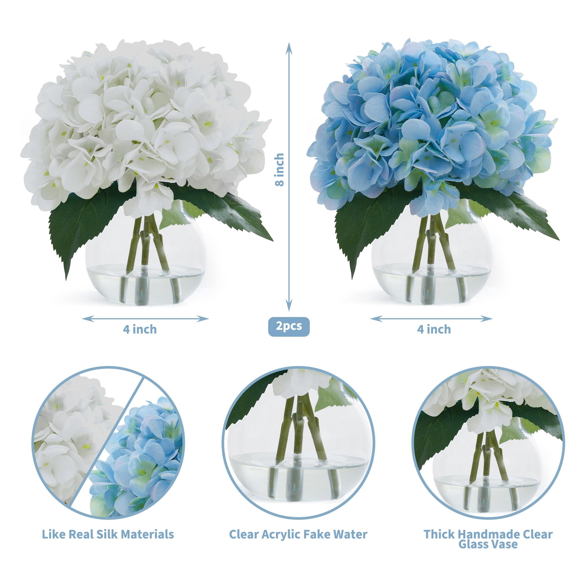 2-Pack Artificial Hydrangeas in Glass Vase with Faux Water - White & Blue Faux Flower Arrangement for Table Centerpiece, Home Office, Shelf & Bathroom Decor