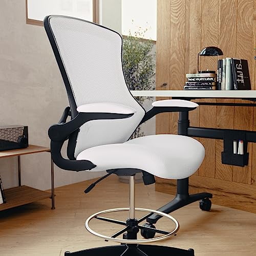 Mid-Back White Mesh Ergonomic Drafting Chair with Foot Ring and Flip-Up Arms
