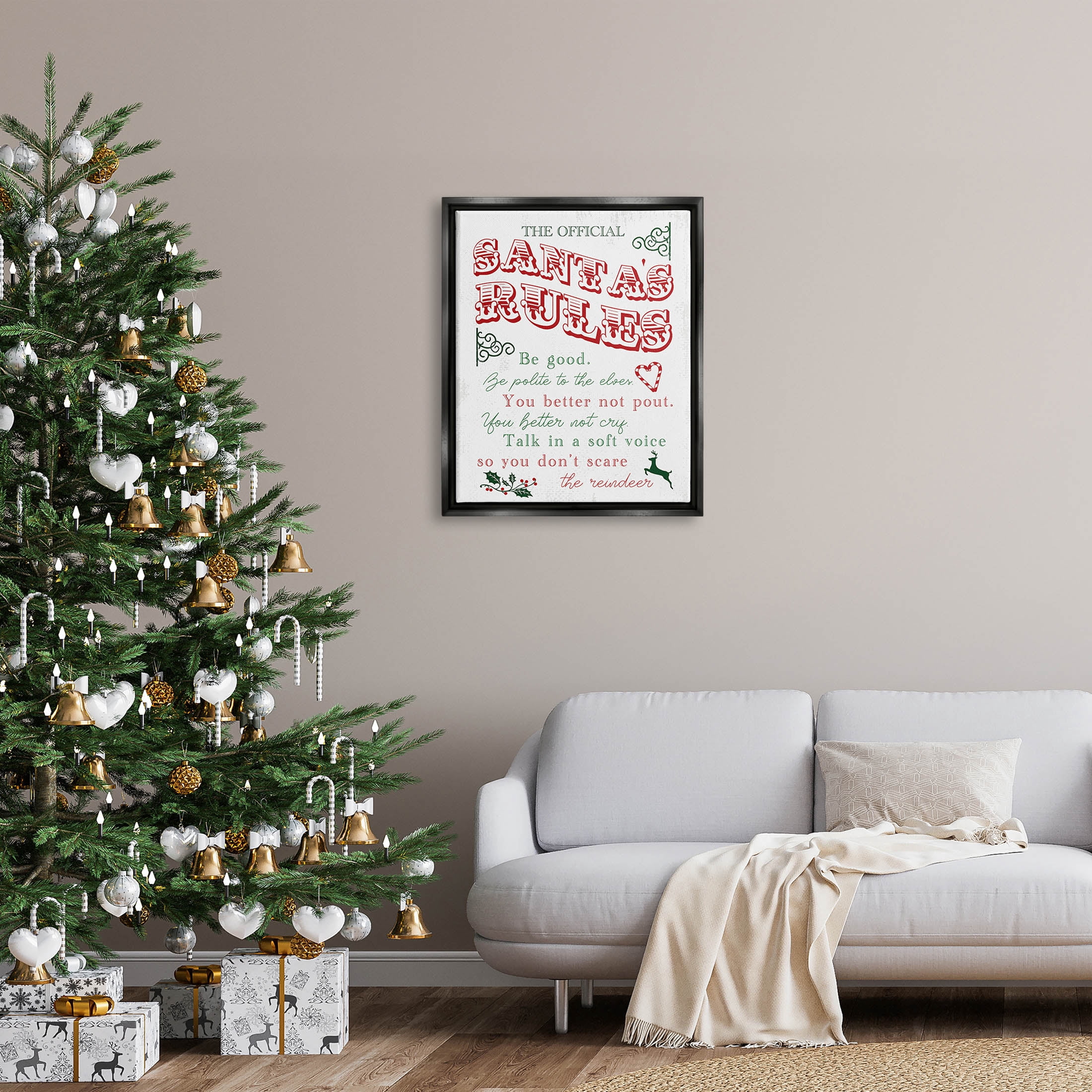 Official Santa's Rules Christmas List Holiday Graphic Art Jet Black Framed Art Print Wall Art