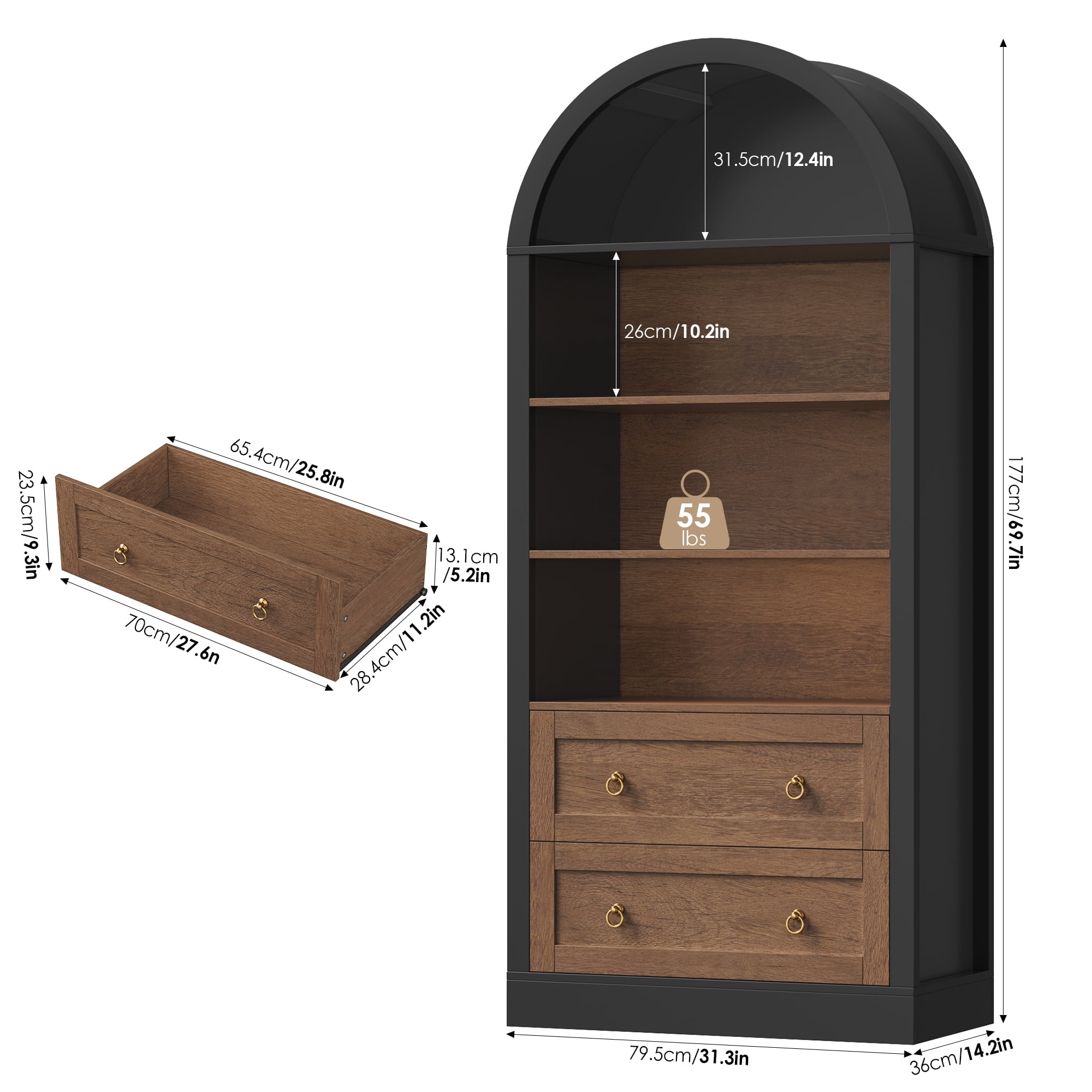 Hiphuta 70"Tall Arched Bookcase, 4-Tier Bookshelves with 2 Large Drawers, Wooden Display Shelf with Storage for Living Room Home Office, Black & Oak