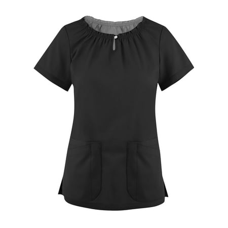 

Apepal Women Summer Lace Collar Short Sleeve Solid Scrub Tops with Pockets