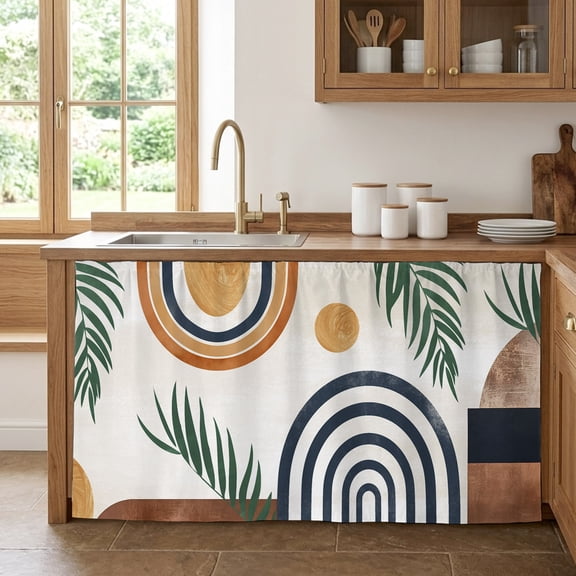 Abstract Boho Cabinet Curtain 28"Wx51"L,Dustproof Storage Cabinet Curtain with Self Adhesive Tape,Bohemian Palm Leaf Geometric Leaf Circle Tall Pantry Cover Drape for Kitchen,Utility Closet