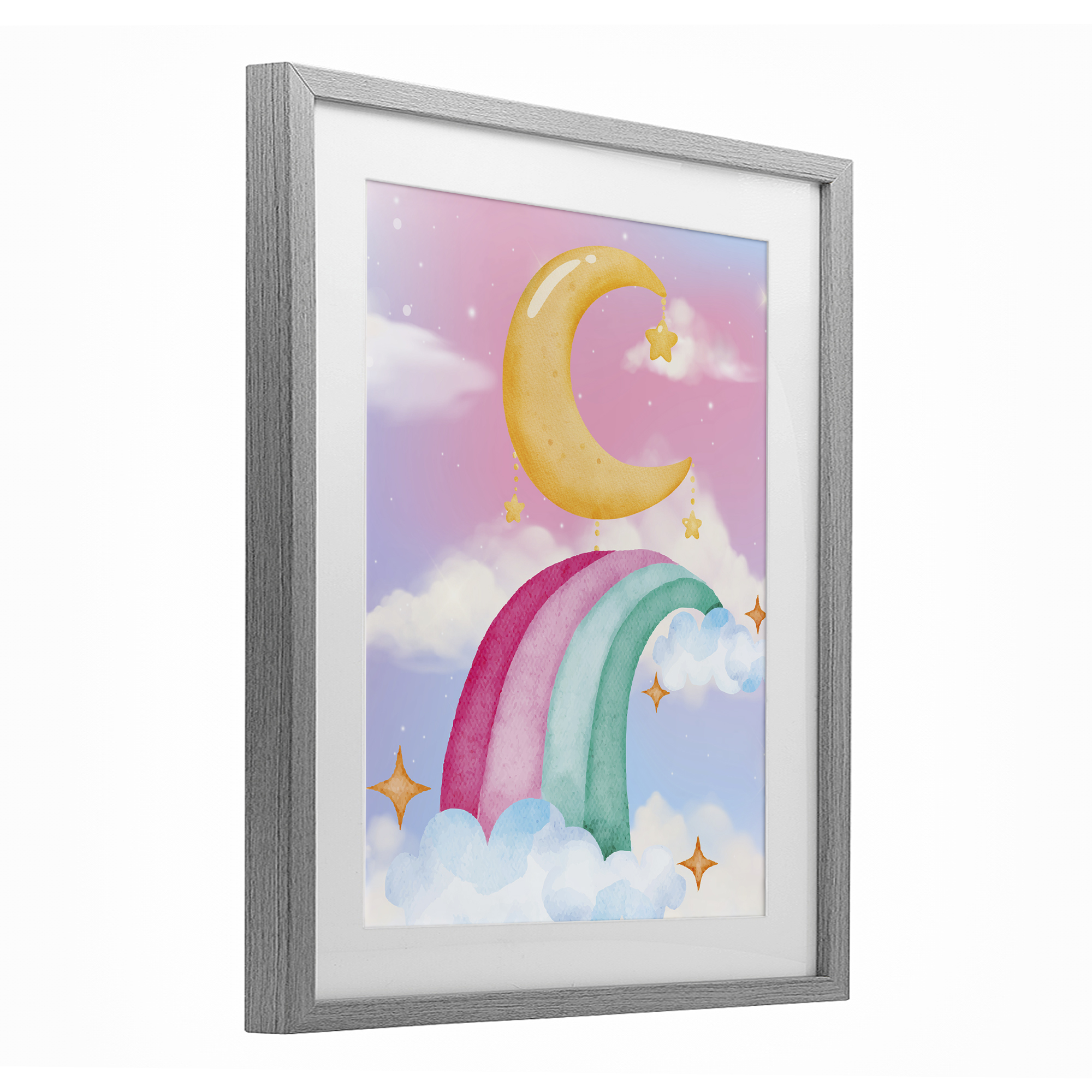 Moon Rainbow in Clouds Gray Framed Print Under Glass, design by Jesse Keith