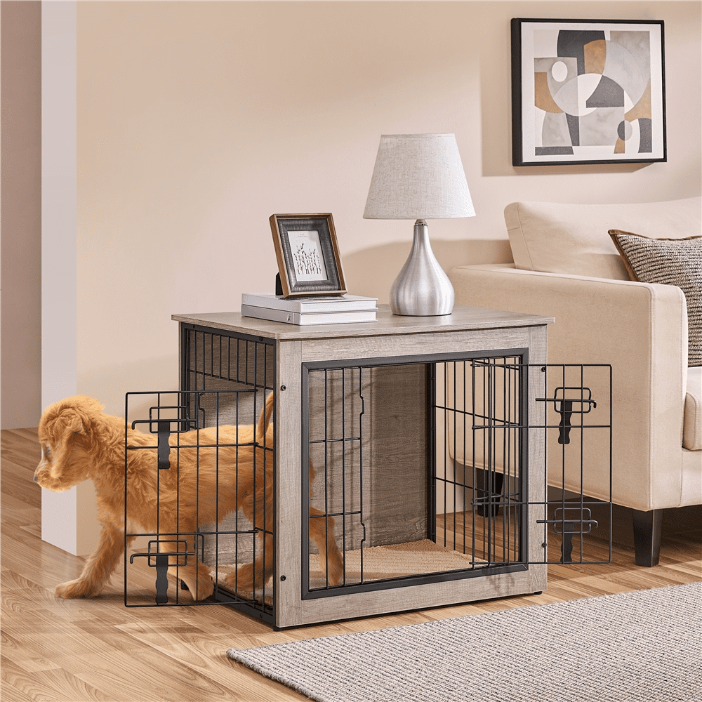 Yaheetech 27.5"W Dog Crate Furniture with Anti Skid Plush Mat, Gray