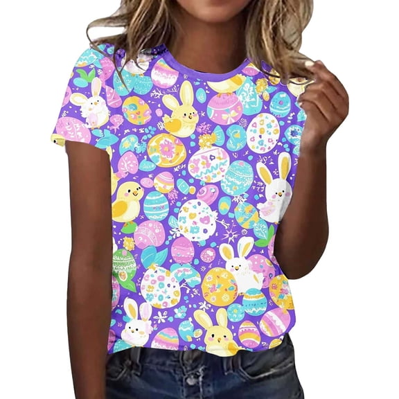 Women's Easter Graphic Short Sleeve T-Shirt - Cute Bunny Print Tops Round Neck Casual Tee for Spring Summer Easter Bunny Shirt