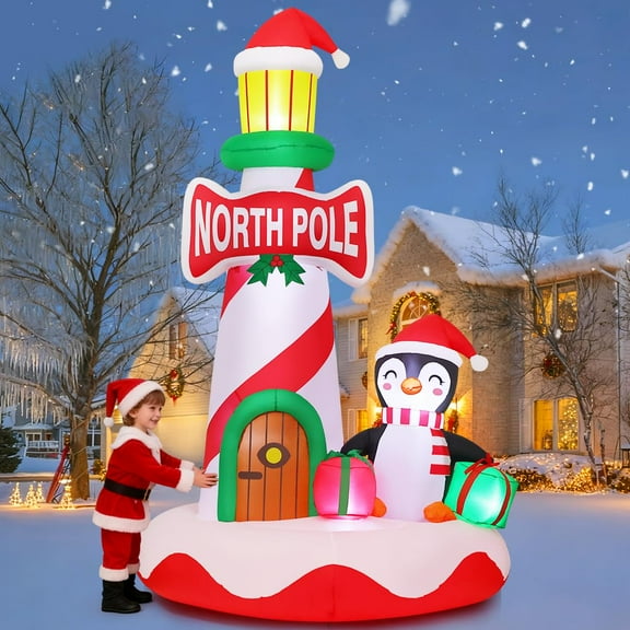 GOOSH Christmas Inflatables 10 FT Christmas Penguin Inflatable with Lighthouse, Inflatable Christmas Penguin with Built-in LED Lights, Outdoor Christmas Decorations for Xmas Holiday Party