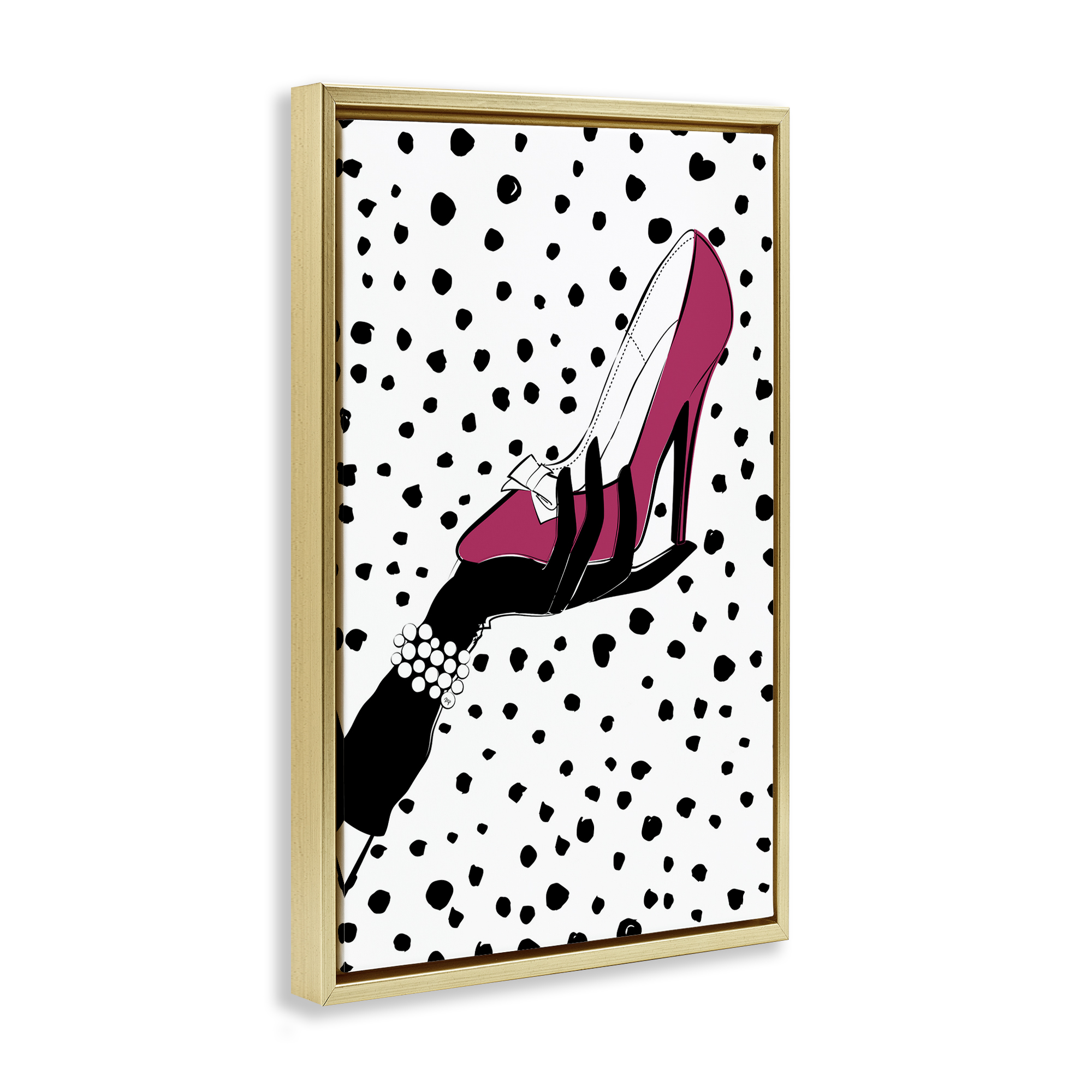 Stupell Industries Pink Shoe with Dots Beauty & Fashion Painting Gold Floater Framed Art Print Wall Art, 17 x 25