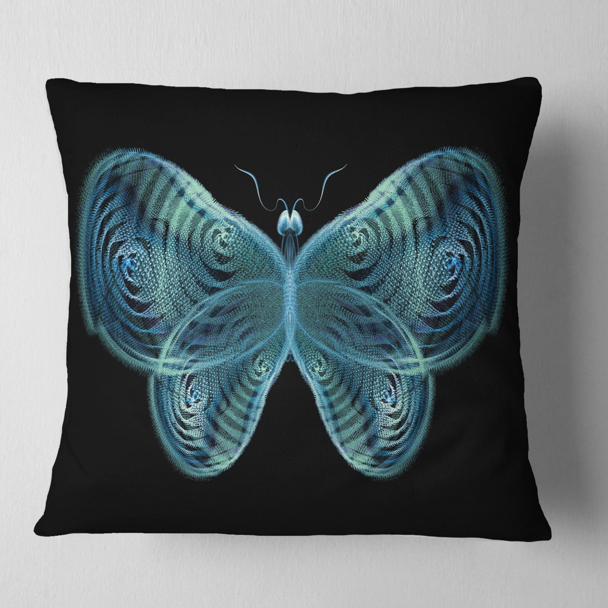 Designart Light Blue Fractal Butterfly in Dark - Abstract Throw Pillow - 16x16