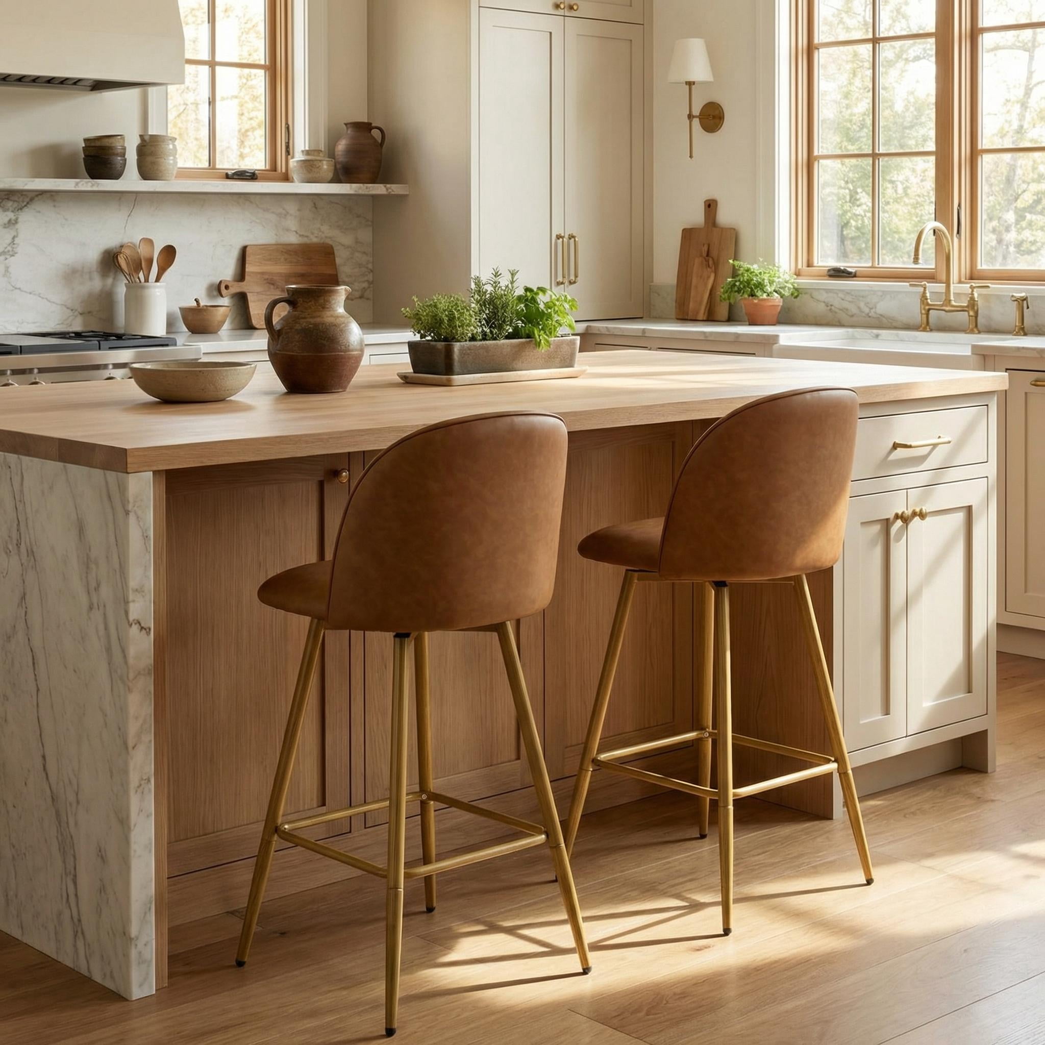 Homy Casa 26" Swivel Counter Height Bar Stools, Set of 2, Kitchen Island Chairs, Cognac Brown