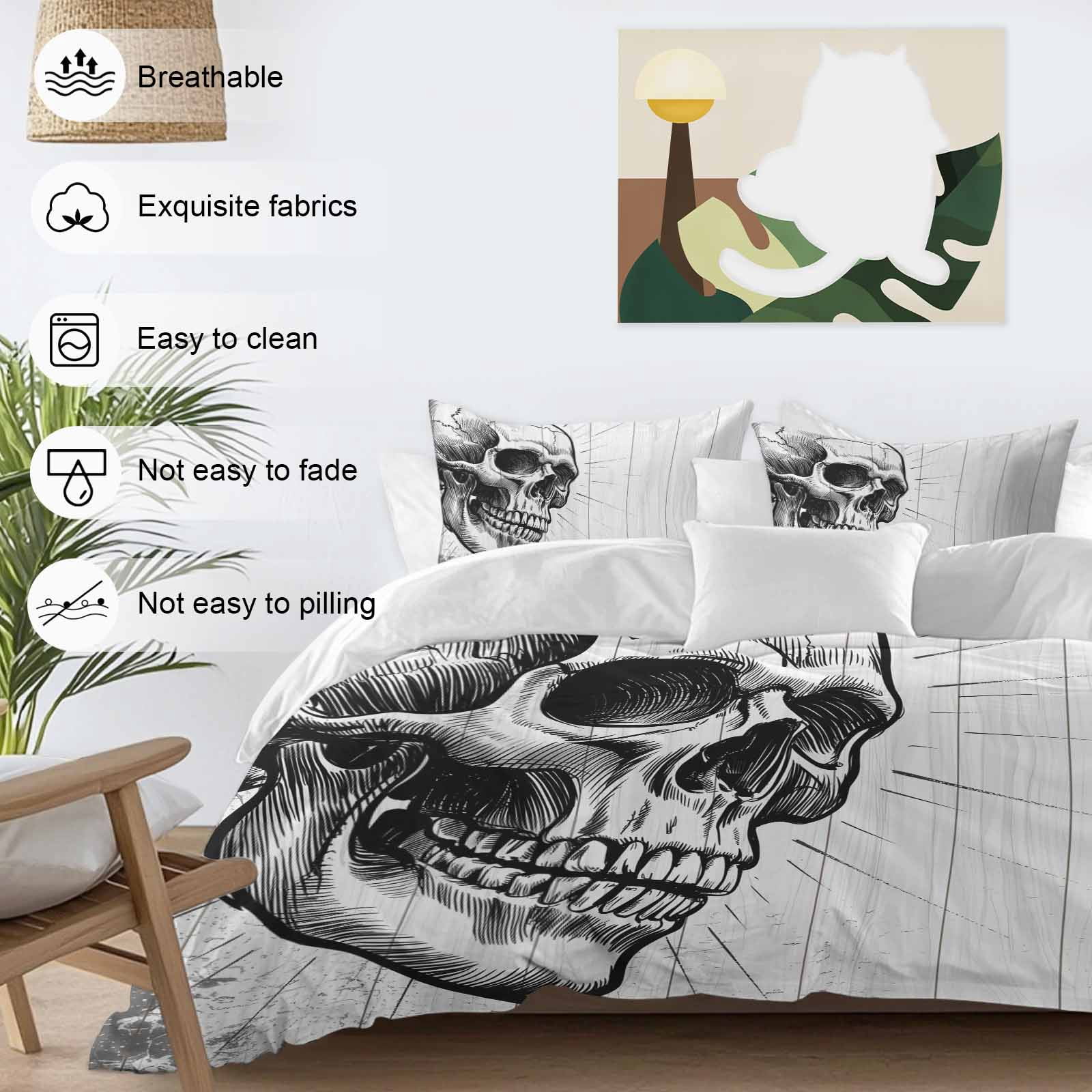 Horror Skull Bedding 3 Piece Duvet Cover Set California King, Black Skeleton Spooky Halloween Soft Microfiber Comforter Cover with Zipper Closure & Pillowcases, Wrinkle & FadeResistant Quilt Cover
