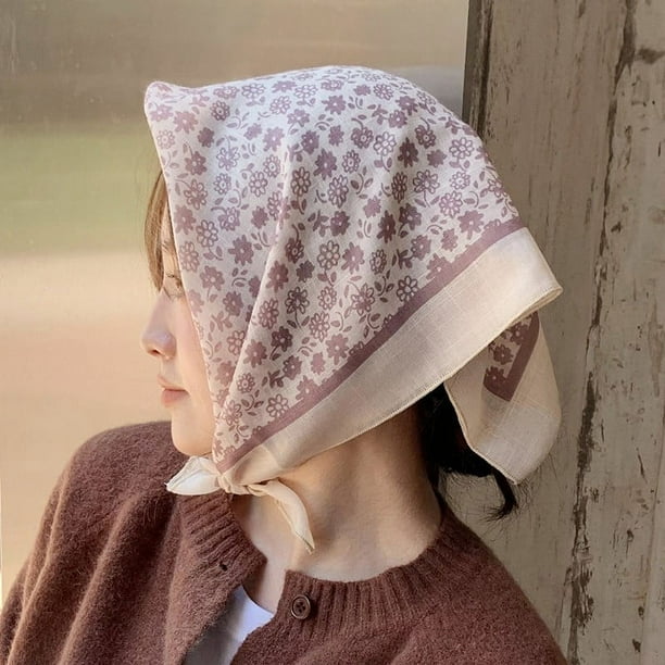 Nvzi Elegante y elegante bufanda, bufanda cuadrada pequeña de algodón y lino con diseño de arte rural, diadema protectora del sol y del sol de verano (blanco roto)