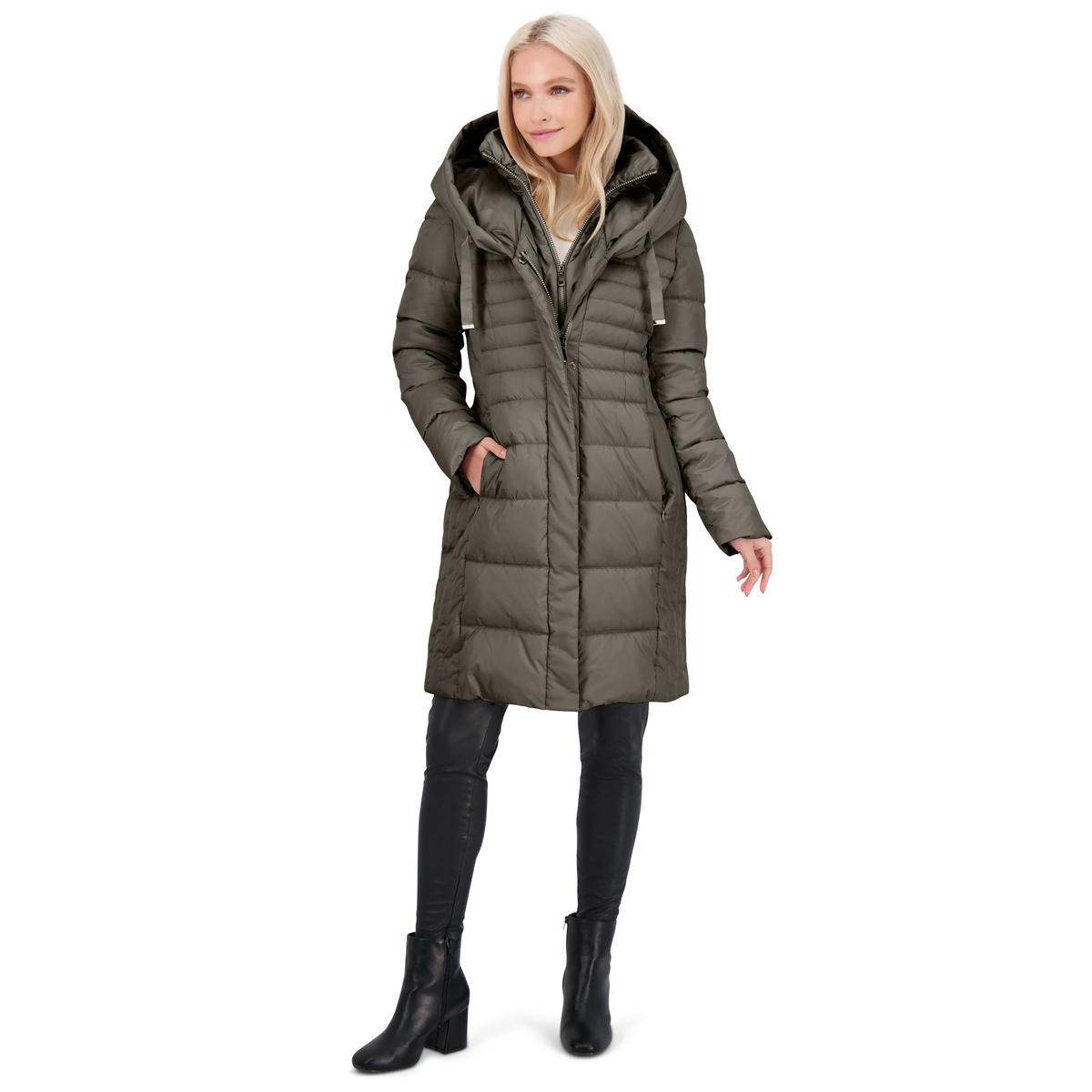 Tahari Casey Fitted Puffer Coat for Women-Quilted Winter Coat with