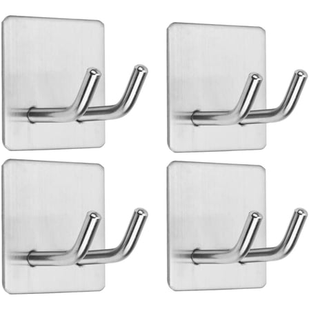 Adhesive Hooks, Stainless Steel Razor Holder Towel Hook for Bathroom Heavy Duty Wall Hooks Waterproof Hangers Kitchen Bedroom,Stick on Robe Hooks Anti-Skid Double Hanging Robe 4-Pack