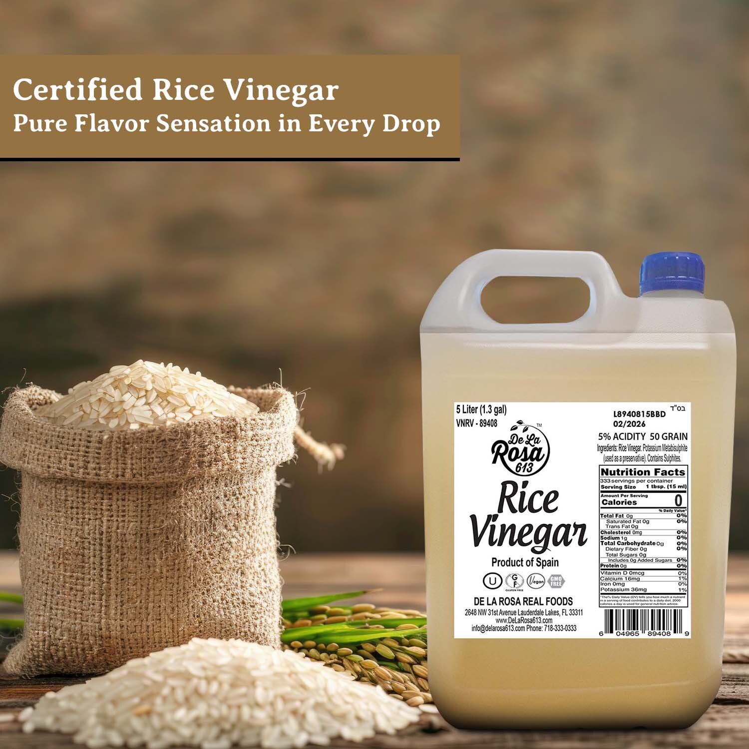 De La Rosa 613  5-Liter Rice Vinegar: Gluten-Free, Non-GMO