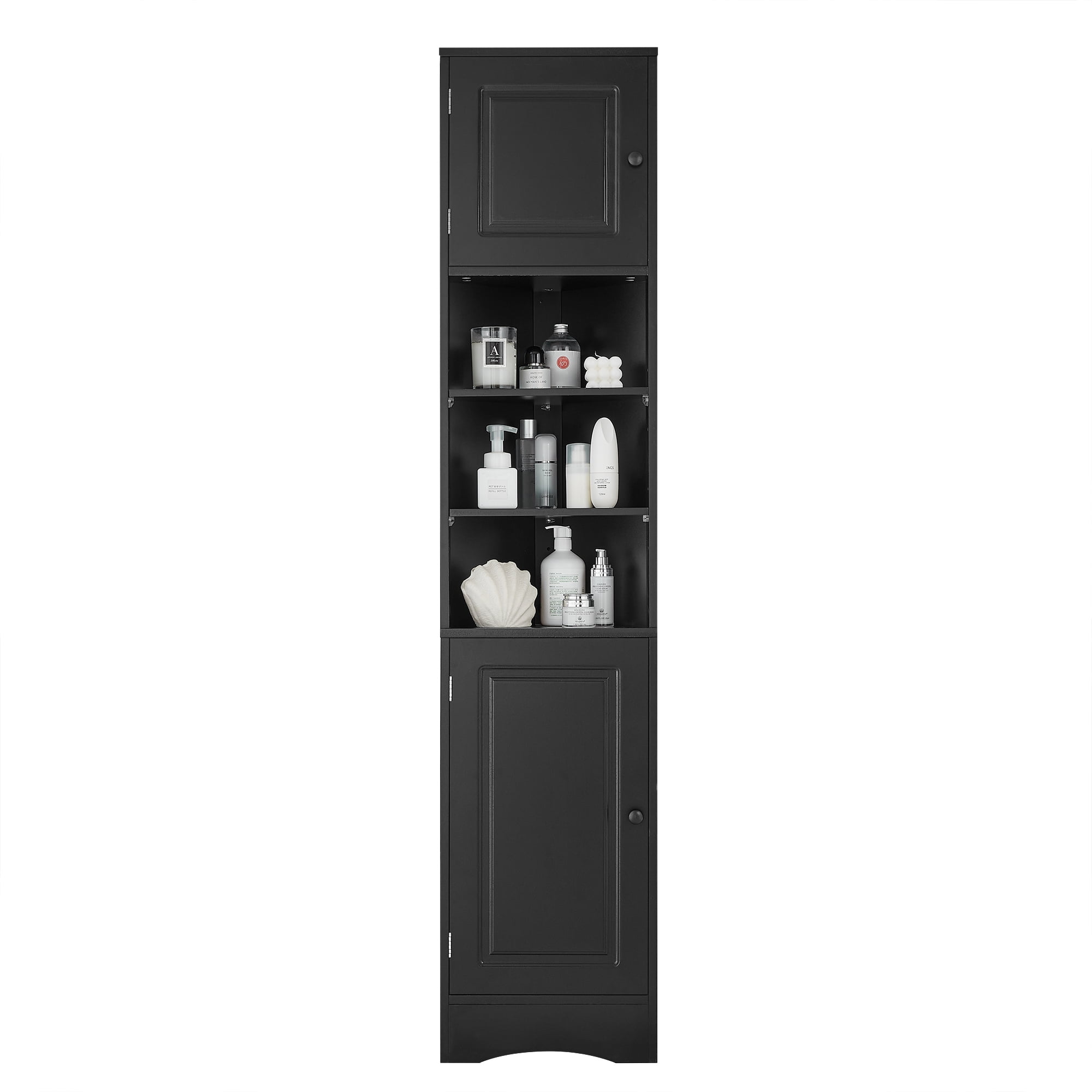 Leumius Multi-Functional Corner Bathroom Storage Cabinet with Two Doors, Adjustable Shelves, Open Shelf, Triangle Space-Saving Design, Black Finish