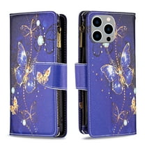 Dteck for Apple iPhone 15 Pro Max Handbag Pocket Case, Magnetic Patterned Leather Zipper Card Holder Wallet Flip Phone Case Kickstand Shockproof with Hand Strap Cover, Purple Butterfly