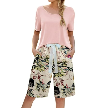 

HUBERY Women Floral Printed Tie Waist Short Sleeve Pocket Sleepwear Set