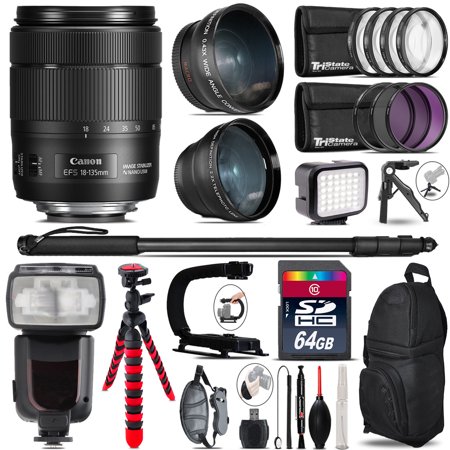 Canon 18-135mm IS USM + Pro Flash + LED Light + Tripod - 64GB Accessory Bundle