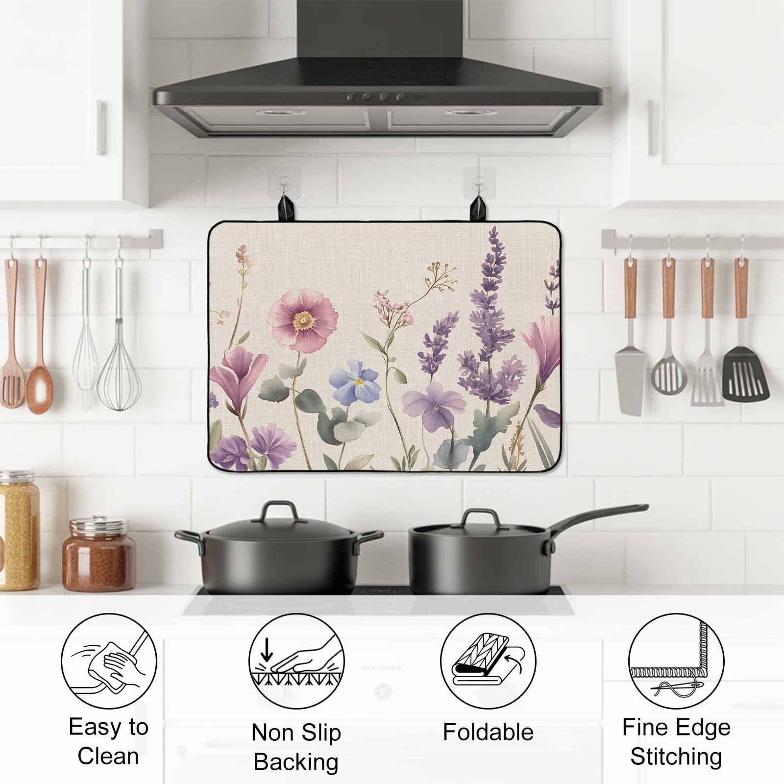Lavender Flowers Stove Top Cover for Electric Stove, Heat-proof & Non Slip Glass Top Stove Cover Protector, Spring Watercolor Blooms Botanicals Kitchen Flat Cooktop Rubber Mat 24x21 Inches