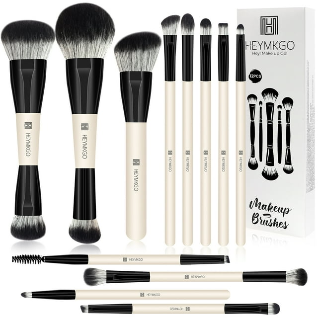 Kit de 12 Pinceles de Maquillaje Profesional - Brochas Doble Uso para Base y Contorno, Kabuki para Polvo - Ideal para Regalo (Color Negro)
