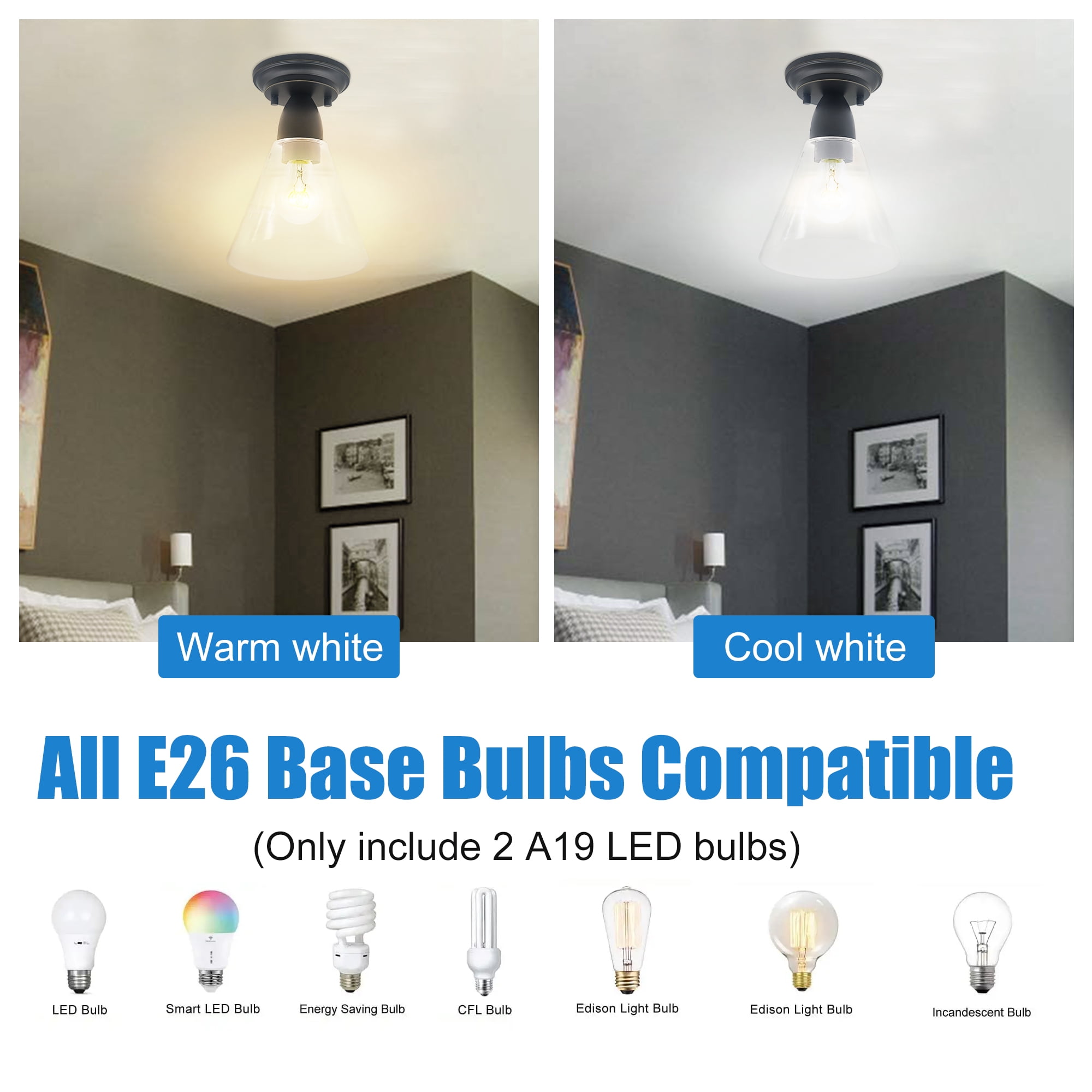 MingBright 2 Pack Semi Flush Mount Ceiling Light, Porch Pendant Light Fixtures, 4000K Natural White, Perfect For kitchen, Bathroom, Living rooms, Dining Rooms, Corridors, Hallways