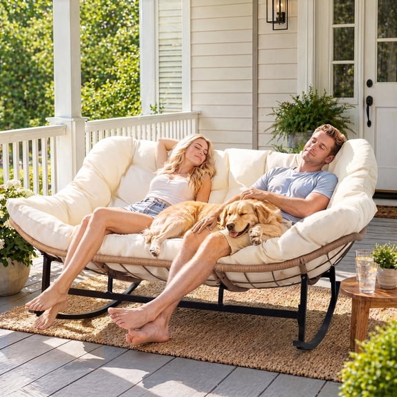 RADIATA Beige Double Outdoor Rocking Chair, 2 Person Patio Rocking Egg Chair with Thick Cushion