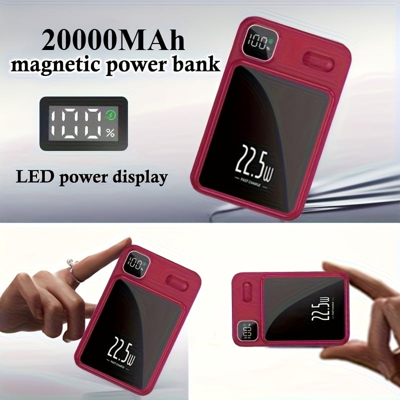 Magnetic Wireless Fast-Charge 20000mAh Power Bank with Stand, Ultra-Thin Compact Mirror Design, LED Display, Portable Emergency Backup Battery for Travel