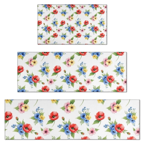 Pioneer Flower Floral Print Pattern Kitchen Rugs Sets Of 3,Kitchen Runner Rugs Non Skid Washable,Decorative Kitchen Floor Mats for Kitchen,Sink,Laundry,17X30 Inch   17X47 Inch   17X59 Inch
