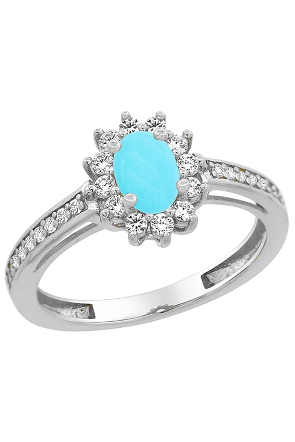 14K White Gold Natural Turquoise Flower Halo Ring Oval 6x4mm Diamond Accents, size 7
