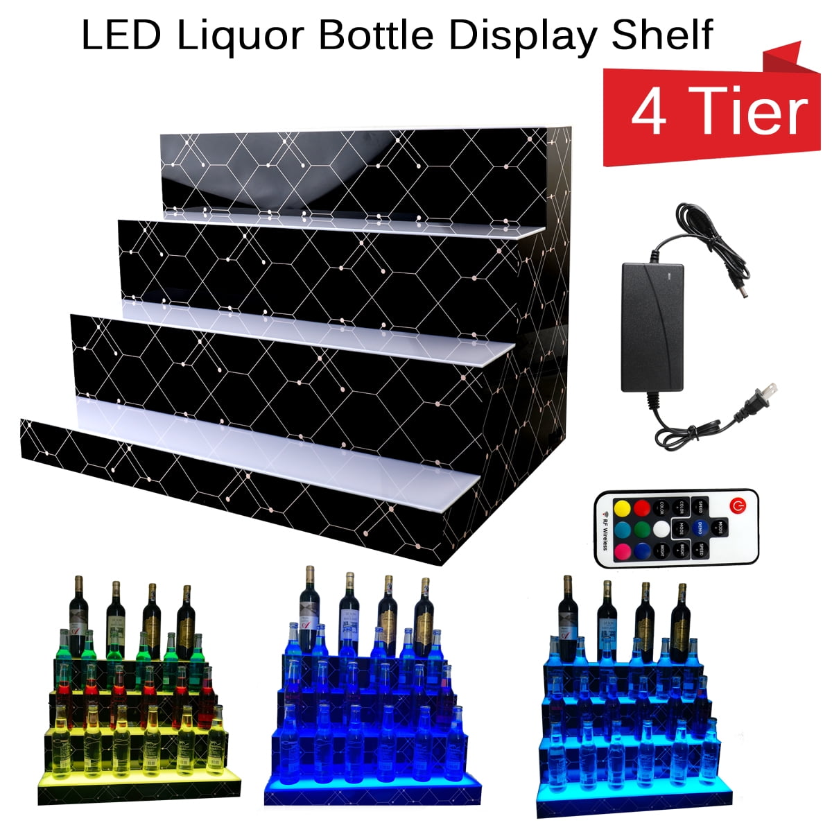 TABODD 4 Step LED Lighted Liquor Bottle Display Shelf Bar Shelves with