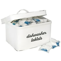 AuldHome Design Dishwasher Pod Holder, Tablet Container; White Enamelware Rustic Kitchen Storage Tin w/ Lid