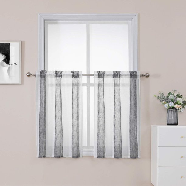 Cortinas de cocina verticales geométricas pequeñas, cortinas transparentes de 76 cm, hilo teñido a rayas, juego de cortinas de café, lino rústico texturizado con bolsillo para barra, cortina para