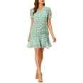 thumbnail image 2 of INSPIRE CHIC Women's Floral Puff Sleeve V Neck Drawstring Ruched Ruffle Dress Green XL, 2 of 6