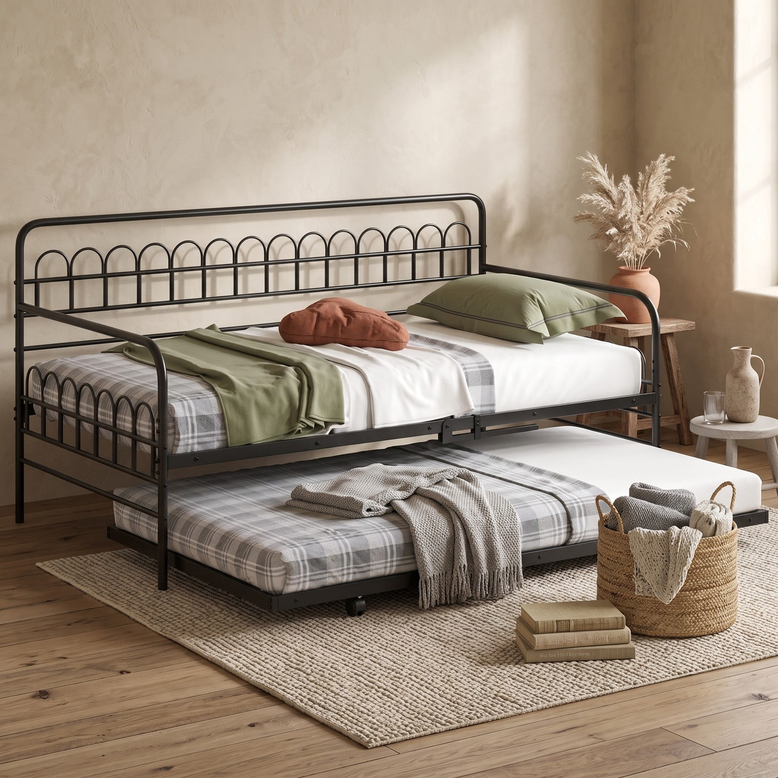 Furnibear Twin Metal Daybed with Pull-Out Trundle and Arched Rail Detailing on Lockable Casters for Bedroom and Guest Room, Black