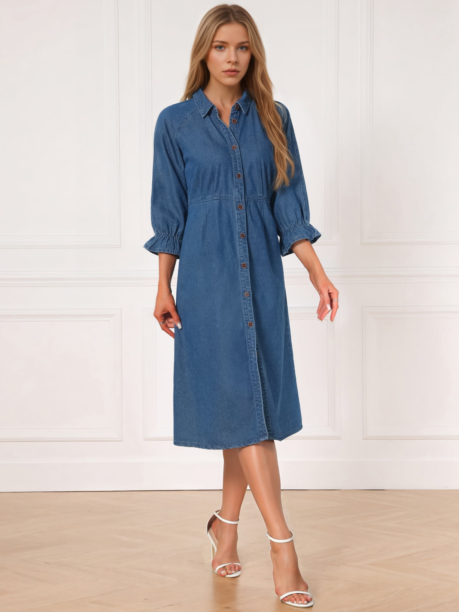 DARING DIVA Women's Collared Ruffle 3/4 Sleeve Jean Button Down Shirt Dress M Gray Blue