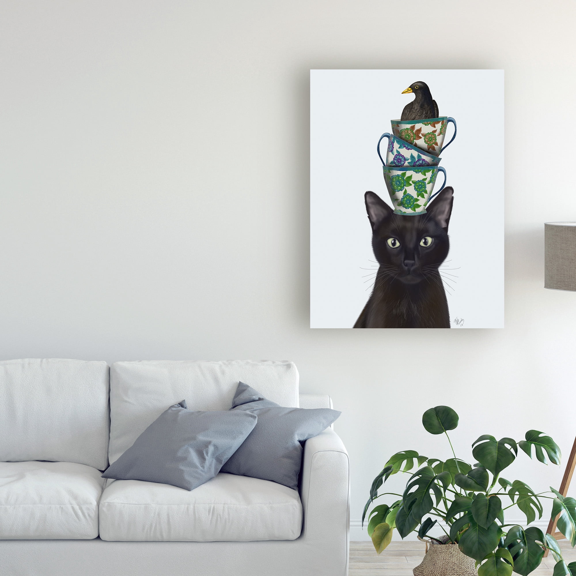 Trademark Fine Art 'Black Cat with Teacups and Blackbird' Canvas Art by Fab Funky
