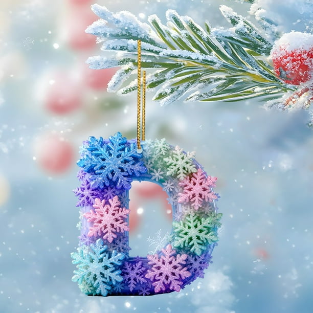 Colgante de árbol de Navidad acrílico 2D con 26 letras del alfabeto de copos de nieve | Adorno para mochila y coche | Bonito regalo navideño