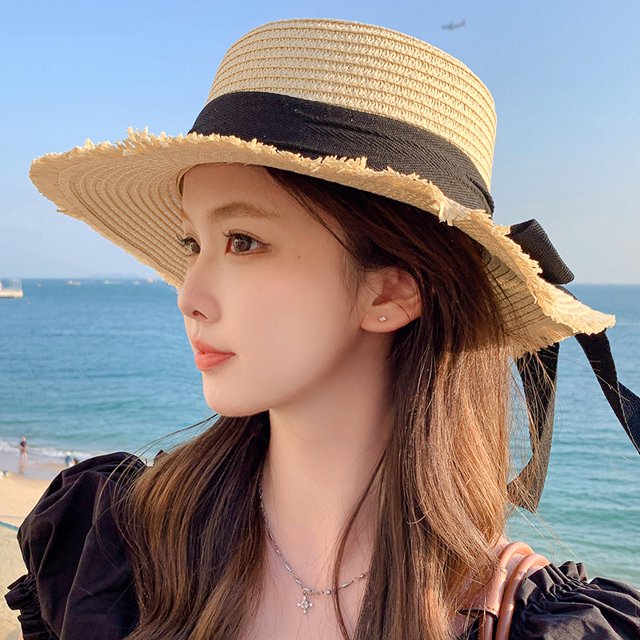 LinYooLi Hat Spring And Summer Female Fashion Straw Hat Seaside Holiday Beach Hat Flat Top Floating Strap Bow And Sun Hat