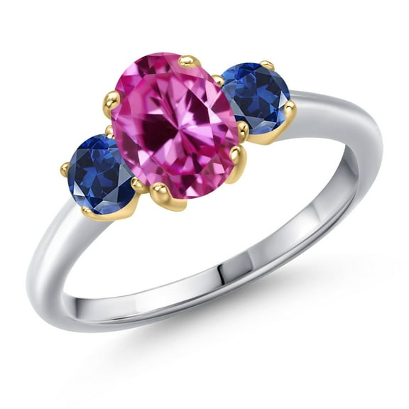 Gem Stone King 925 Silver and 10K Yellow Gold Pink Created Sapphire and Blue Created Sapphire Engagement Ring for Women | 2.15 Cttw | Oval 8X6MM | Gemstone September Birthstone | Size 8